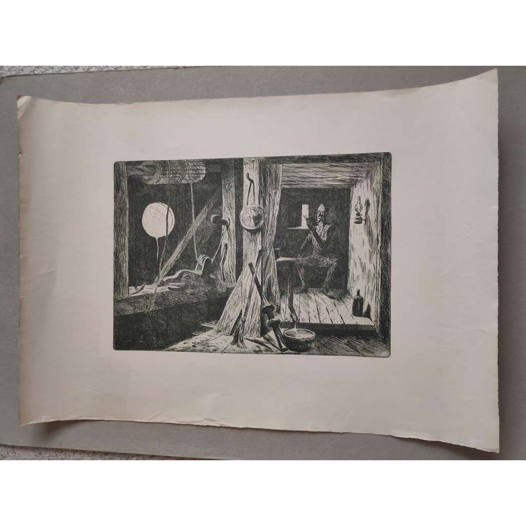 Jan Konůpek (1883 - 1950) - Don Quijote ve větrném mlýně II. - lept, grafika, nesignováno