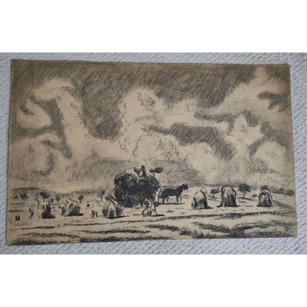 L. Stejskalá - Sklizeň před bouří - kresba uhlem 1950, grafika, signováno