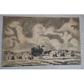 L. Stejskalá - Sklizeň před bouří - kresba uhlem 1950, grafika, signováno