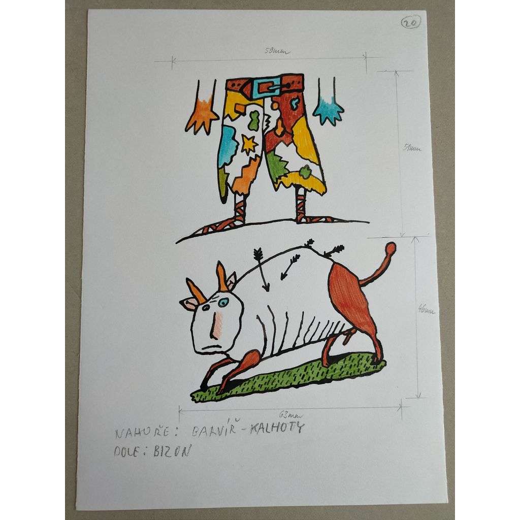 Petr Poš (1944 - 2015) - Barvíř - kalhoty; bizon - barevná kresba, fixa, grafika, nesignováno