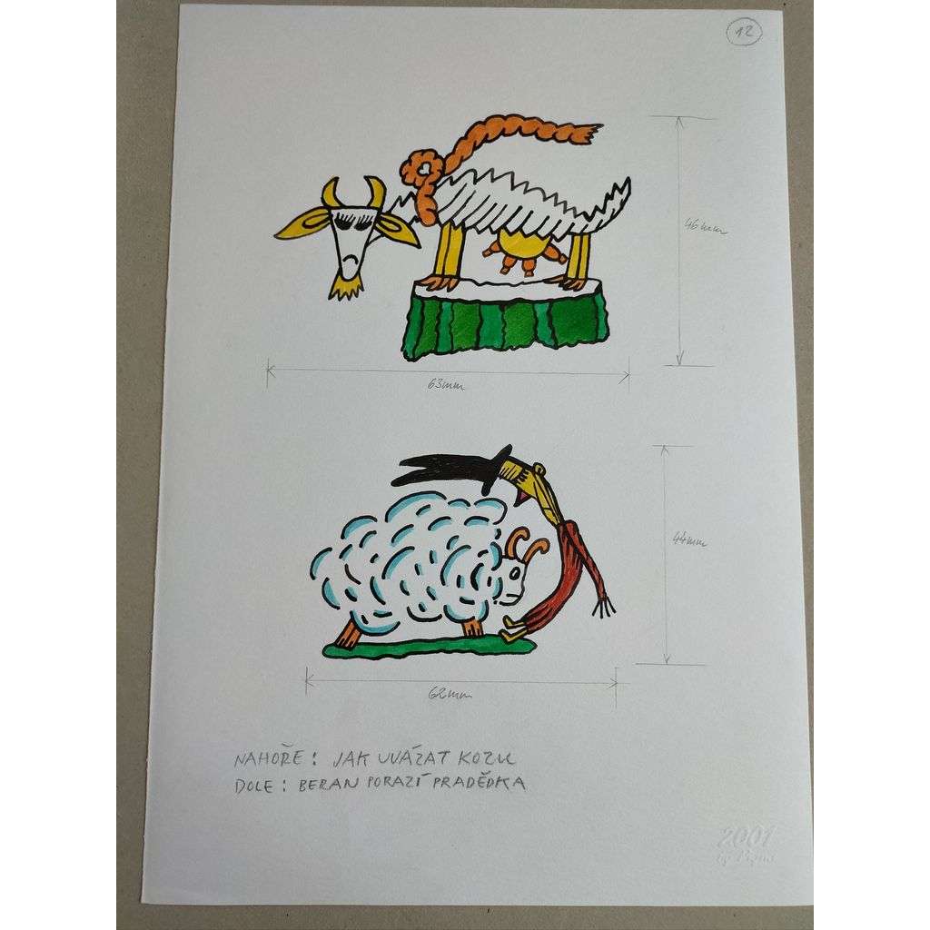 Petr Poš (1944 - 2015) - Jak uvázat kozu; beran porazí pradědka - barevná kresba, fixa, grafika, nesignováno