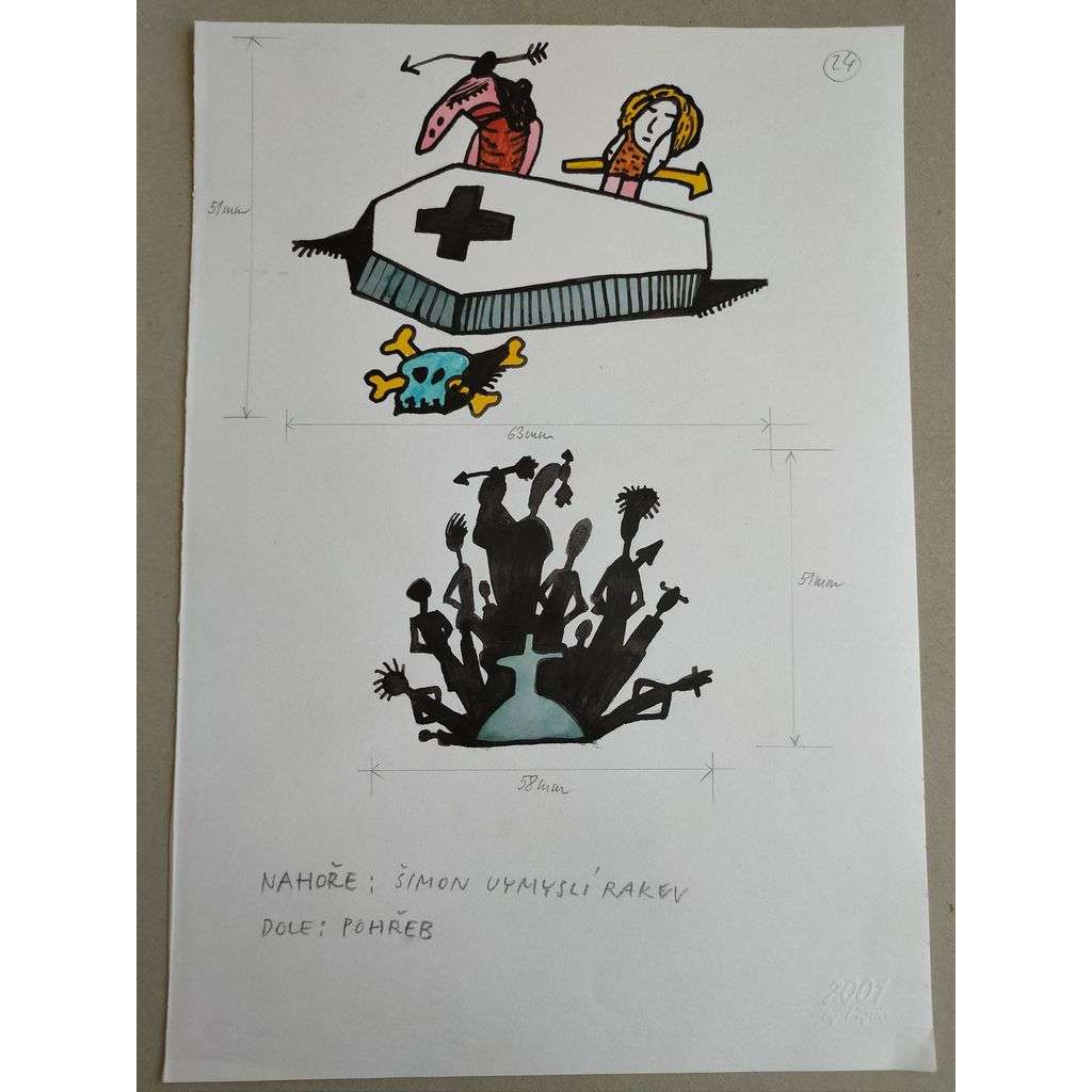 Petr Poš (1944 - 2015) - Šimon vymyslí rakev; pohřeb - barevná kresba, fixa, grafika, nesignováno