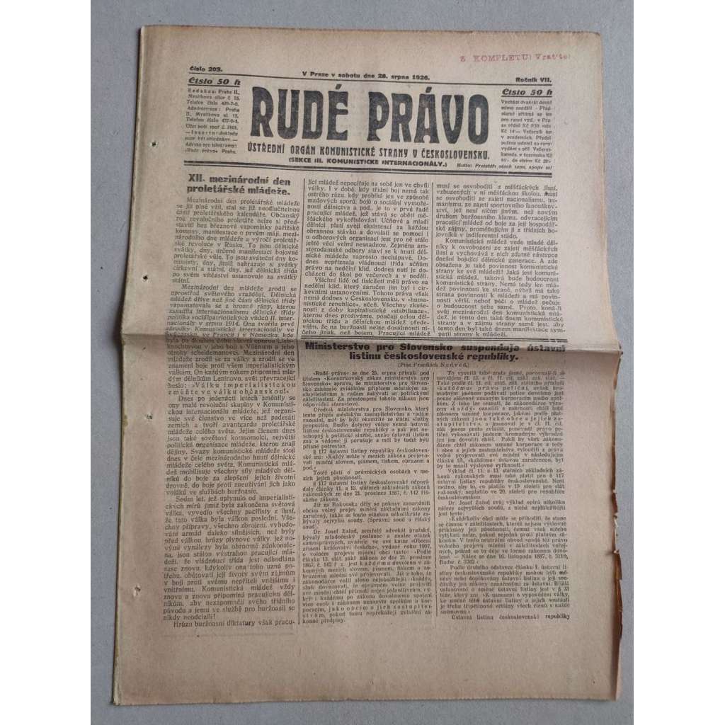 Rudé právo (28.8.1926) Ročník VII. - 1. republika, staré noviny