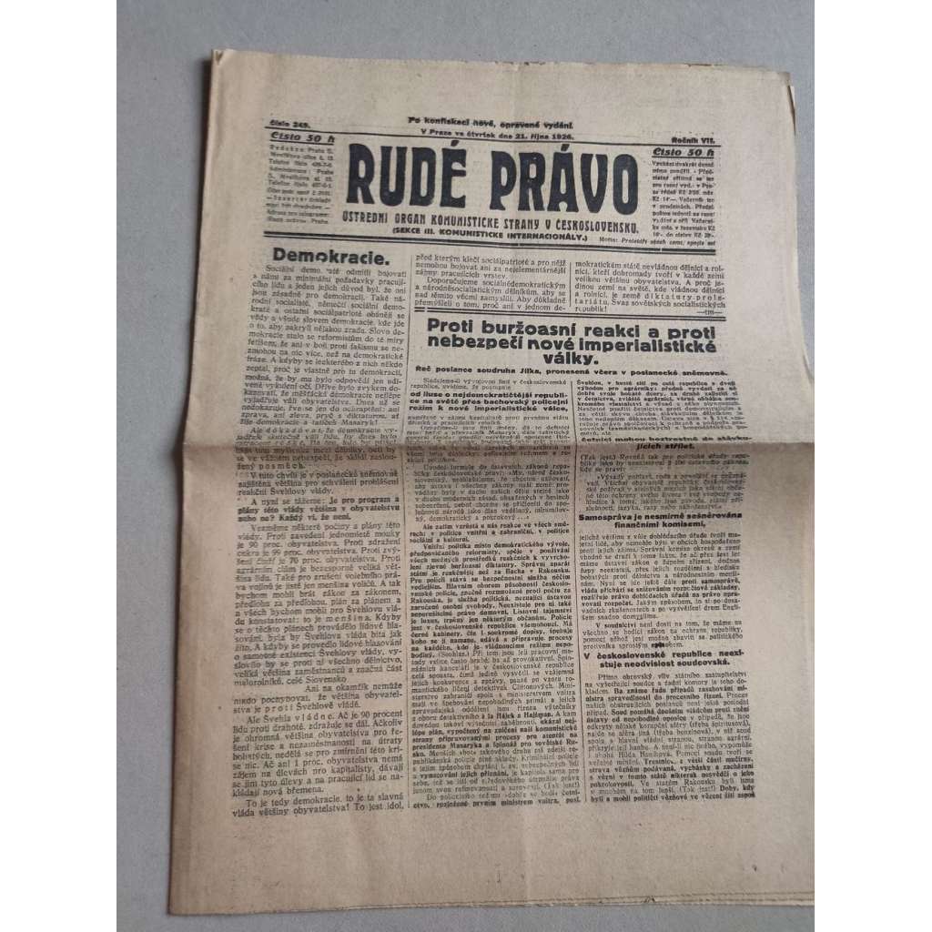 Rudé právo (21.10.1926) Ročník VII. - 1. republika, staré noviny