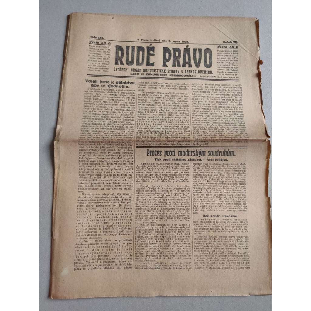 Rudé právo (3.8.1926) Ročník VII. - 1. republika, staré noviny