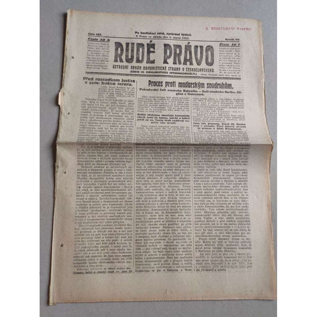 Rudé právo (4.8.1926) Ročník VII. - 1. republika, staré noviny