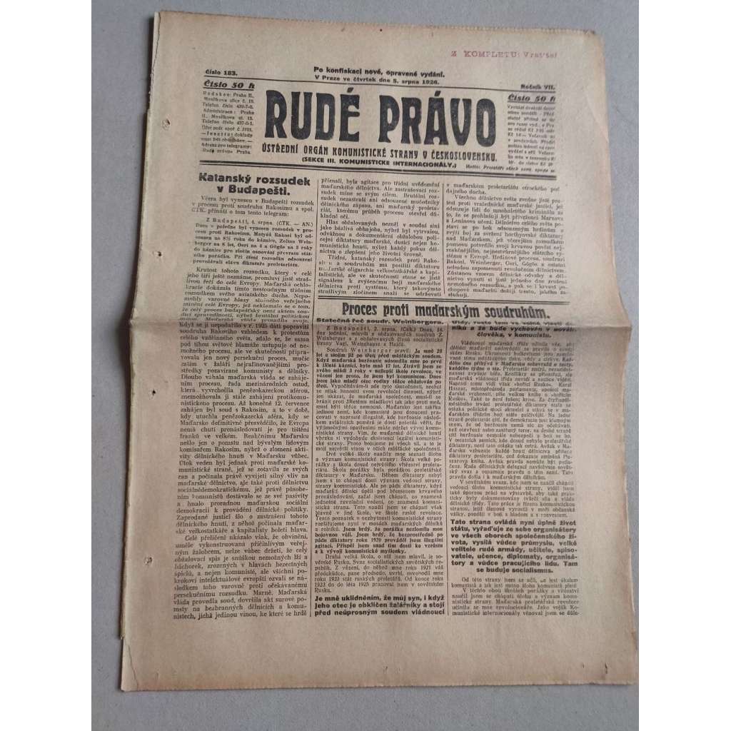 Rudé právo (5.8.1926) Ročník VII. - 1. republika, staré noviny