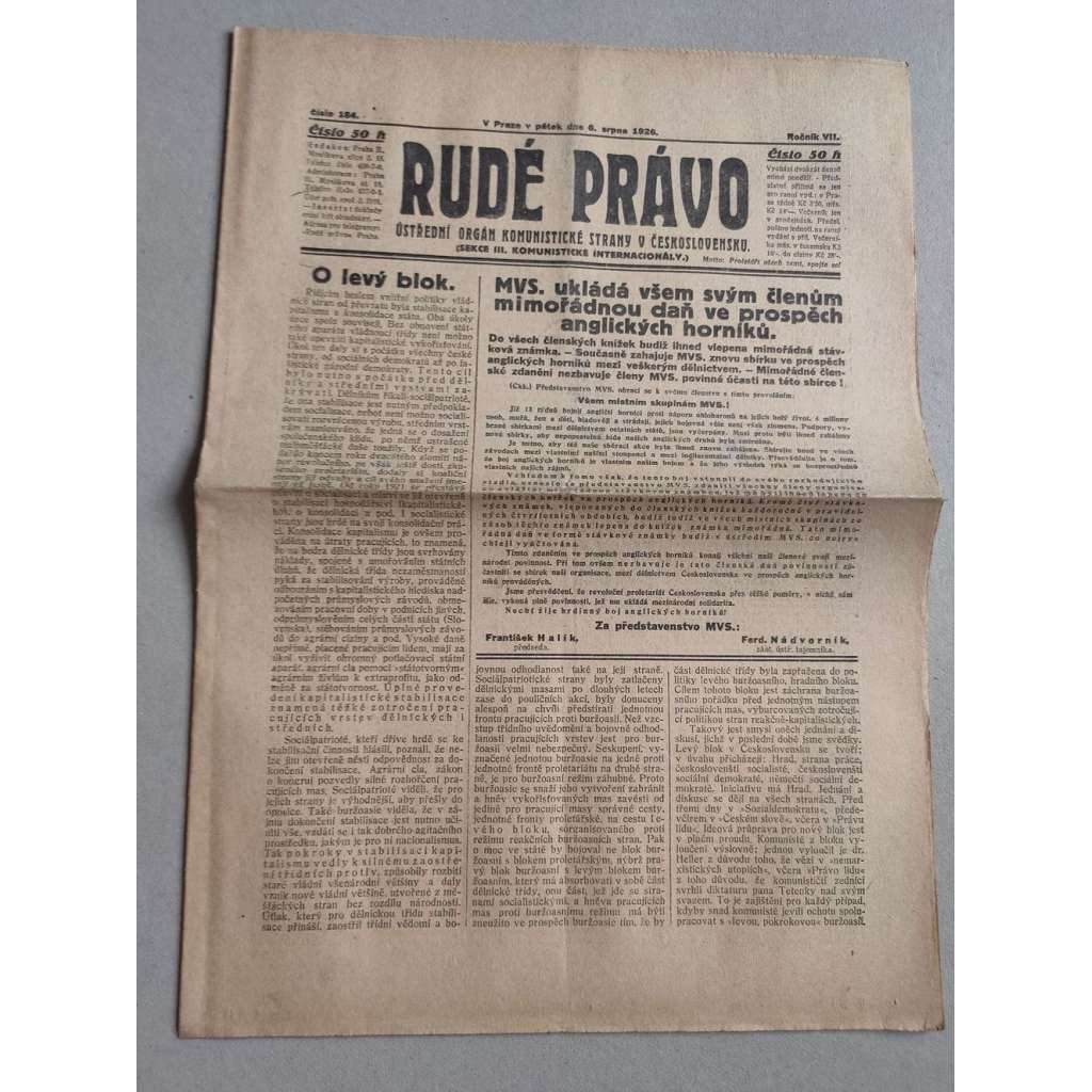 Rudé právo (6.8.1926) Ročník VII. - 1. republika, staré noviny