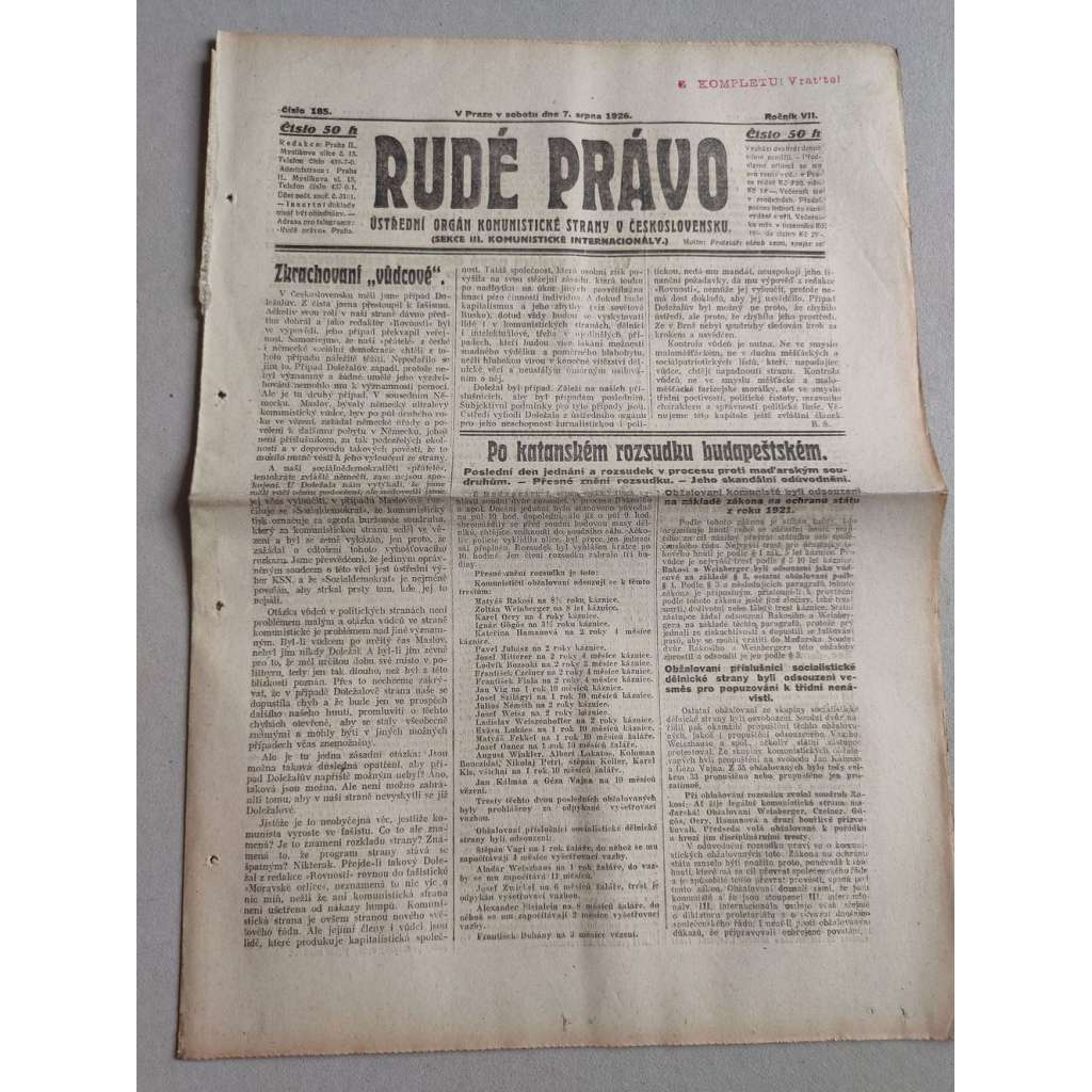 Rudé právo (7.8.1926) Ročník VII. - 1. republika, staré noviny