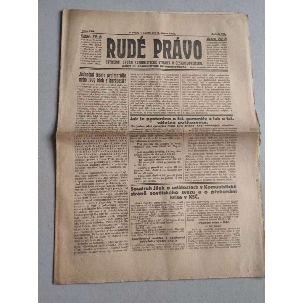 Rudé právo (8.8.1926) Ročník VII. - 1. republika, staré noviny