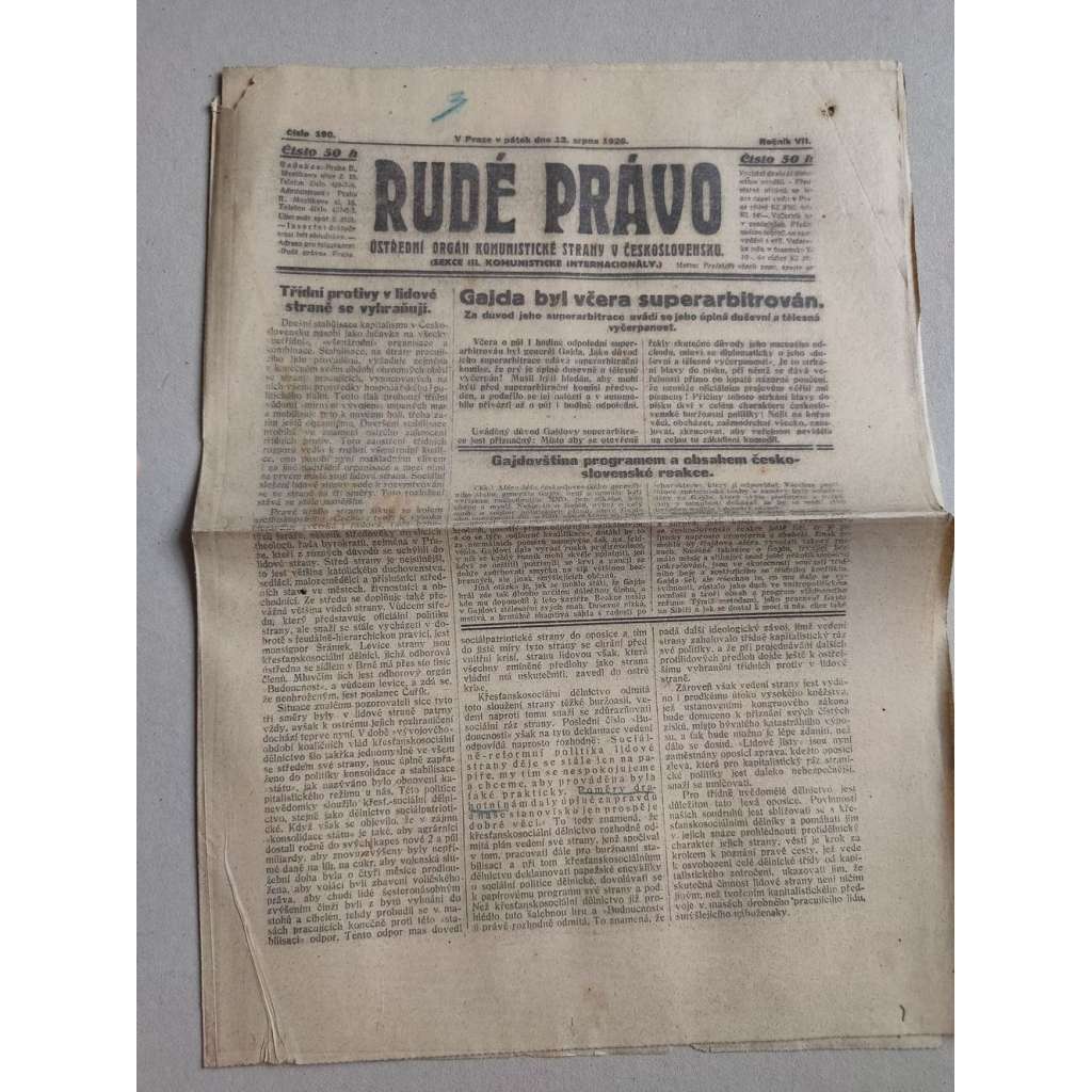 Rudé právo (13.8.1926) Ročník VII. - 1. republika, staré noviny