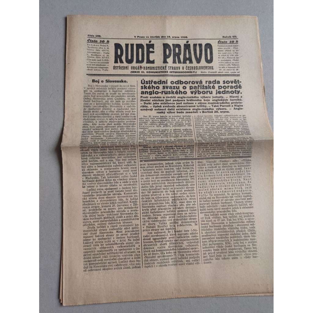 Rudé právo (19.8.1926) Ročník VII. - 1. republika, staré noviny
