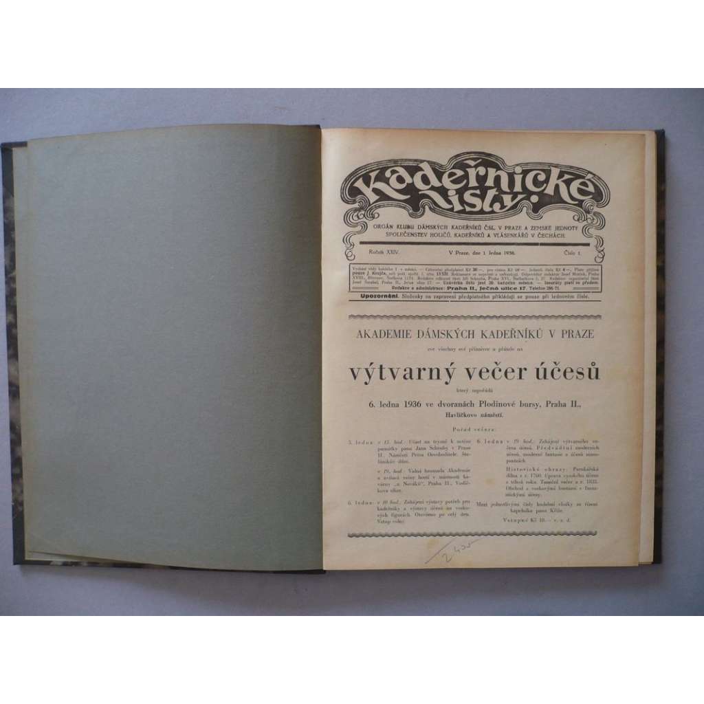 Kadeřnické listy, roč.24 (1936) [kadeřnictví, účes, vlasy, kadeřník, holič, vlásenkář, účesy, móda, stříhání a úprava vlasů]