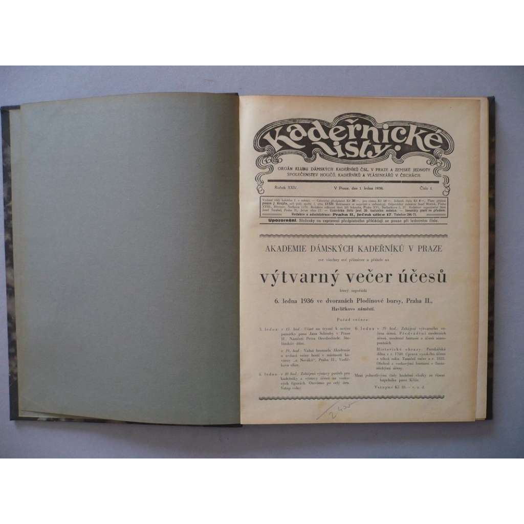 Kadeřnické listy, roč.24 (1936) [kadeřnictví, účes, vlasy, kadeřník, holič, vlásenkář, účesy, móda, stříhání a úprava vlasů]