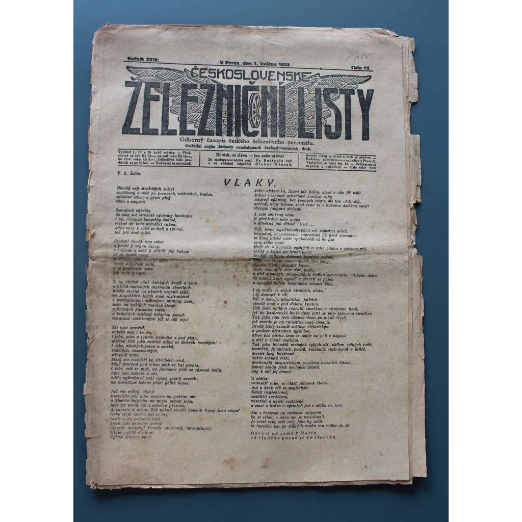 Československé železniční listy 1923, roč. XXIV, č. 13 (noviny, první republika, železnice, mj. Vlaky, Odbor dopravním, S rozvahou v před!)