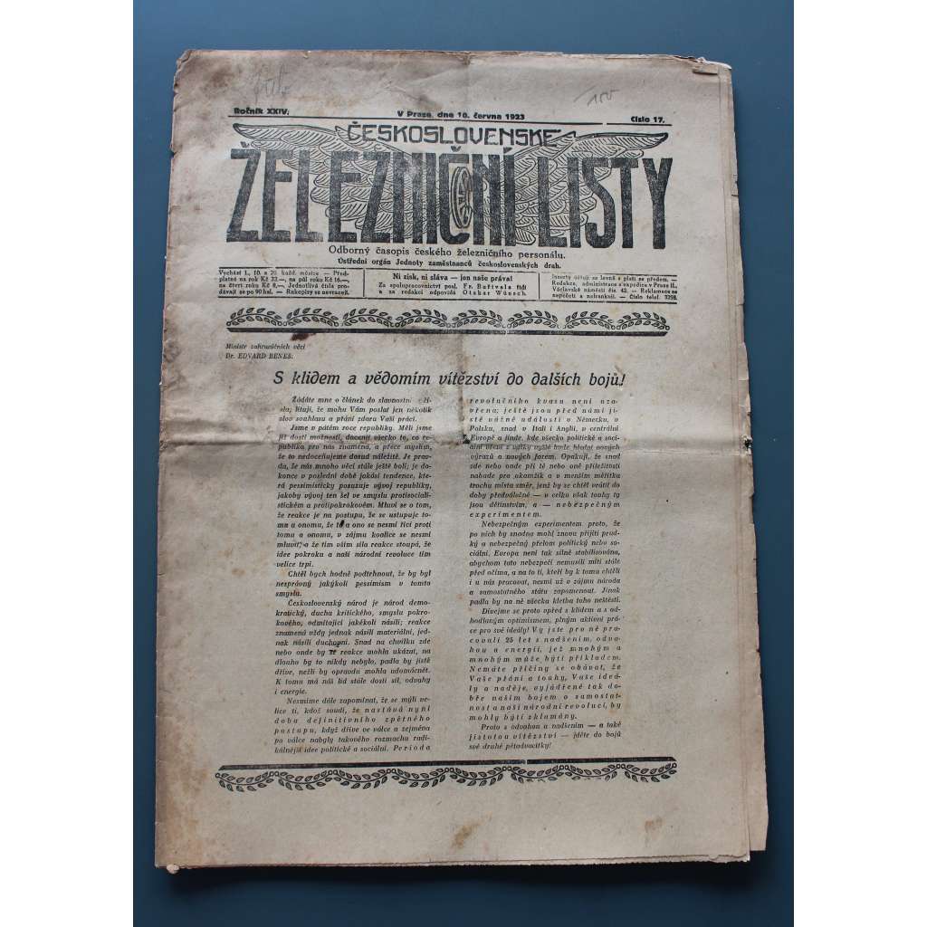 Československé železniční listy 1923, roč. XXIV, č. 17 (noviny, první republika, železnice, mj. Opět kus positivní práce!, Jubilejní slavnosti Je, Březnice, Písek, Hulín, Krnov)dnoty,