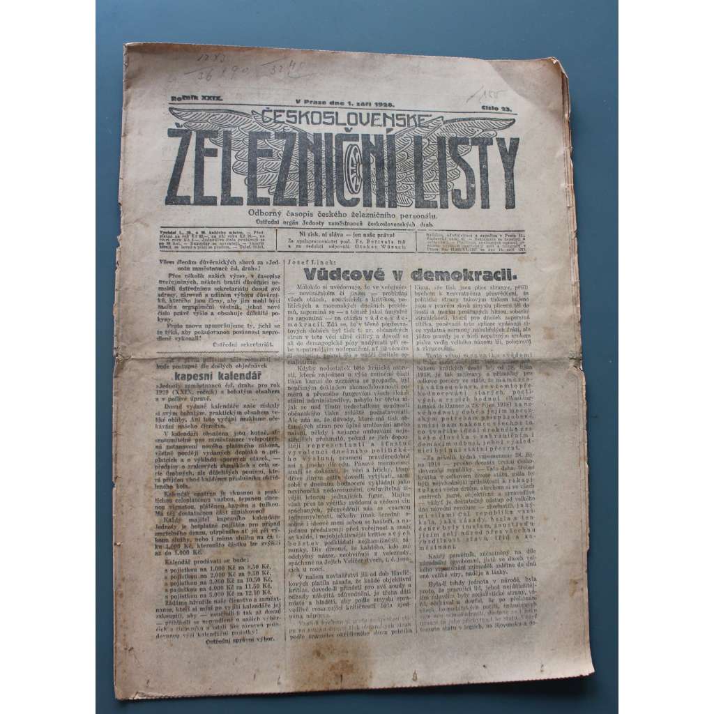 Československé železniční listy 1928, roč. XXIX, č. 23 (noviny, první republika, železnice, mj. Vůdcové v demokracii, Brněnští elektrikáři napadeni min. železnic při vzorném konání své služby!)
