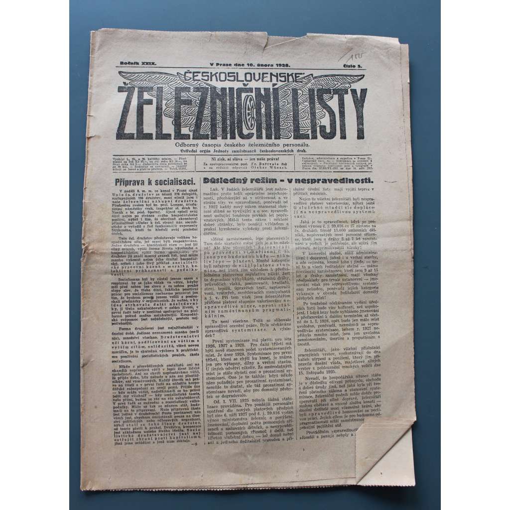 Československé železniční listy 1928, roč. XXIX, č. 5 (noviny, první republika, železnice, mj. Příprava k socialisaci, Odbor pro udržování tratí, Pečky, Přerov, Neratovice, Český Brod)