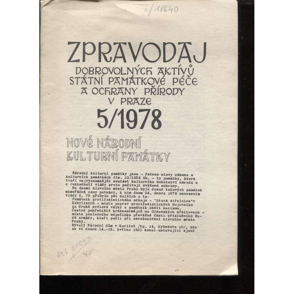 Zpravodaj Dobrovolných aktívů státní památkové péče a ochrany přírody v Praze 5/1978