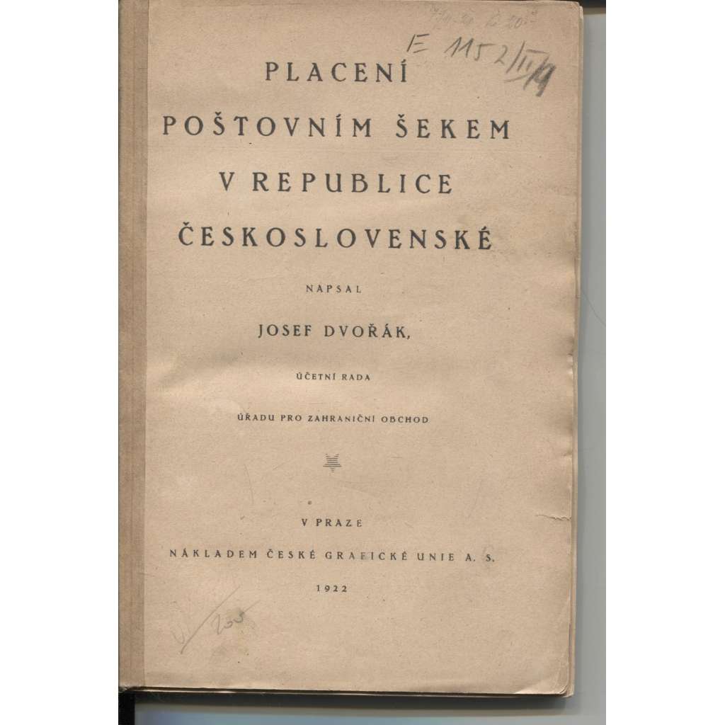 Placení poštovním šekem v republice Československé (pošta, šek, bankovní převod, první republika)