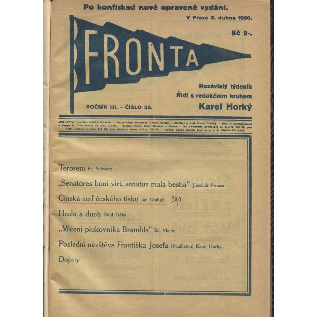 Fronta, ročník III/1930 a IV/1931 (Nezávislý týdeník) - konvolut