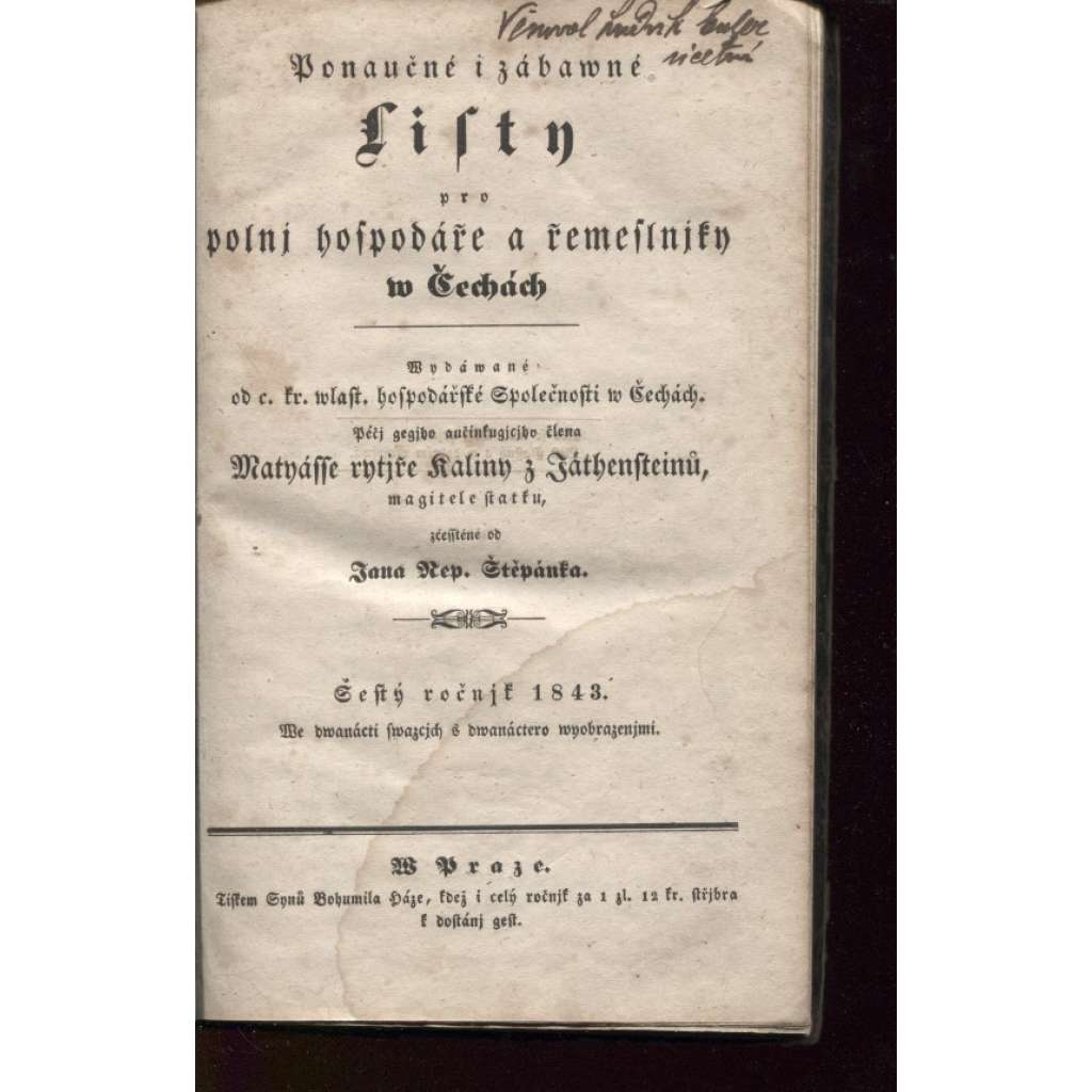 Ponaučné i zábavné Listy pro polní hospodáře a řemeslníky v Čechách (1843)