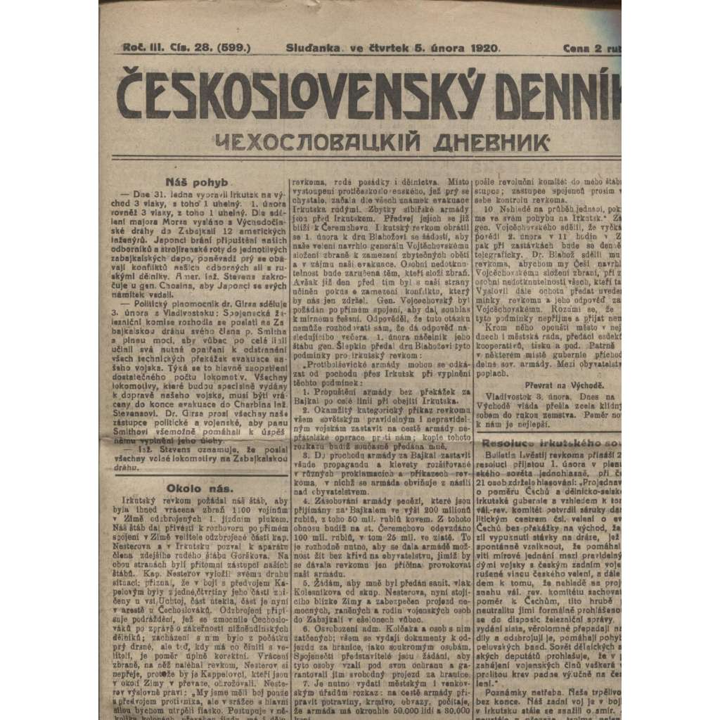 Československý denník roč. III, č. 28. Sluďanka, 1920 (LEGIE, RUSKO, LEGIONÁŘI)