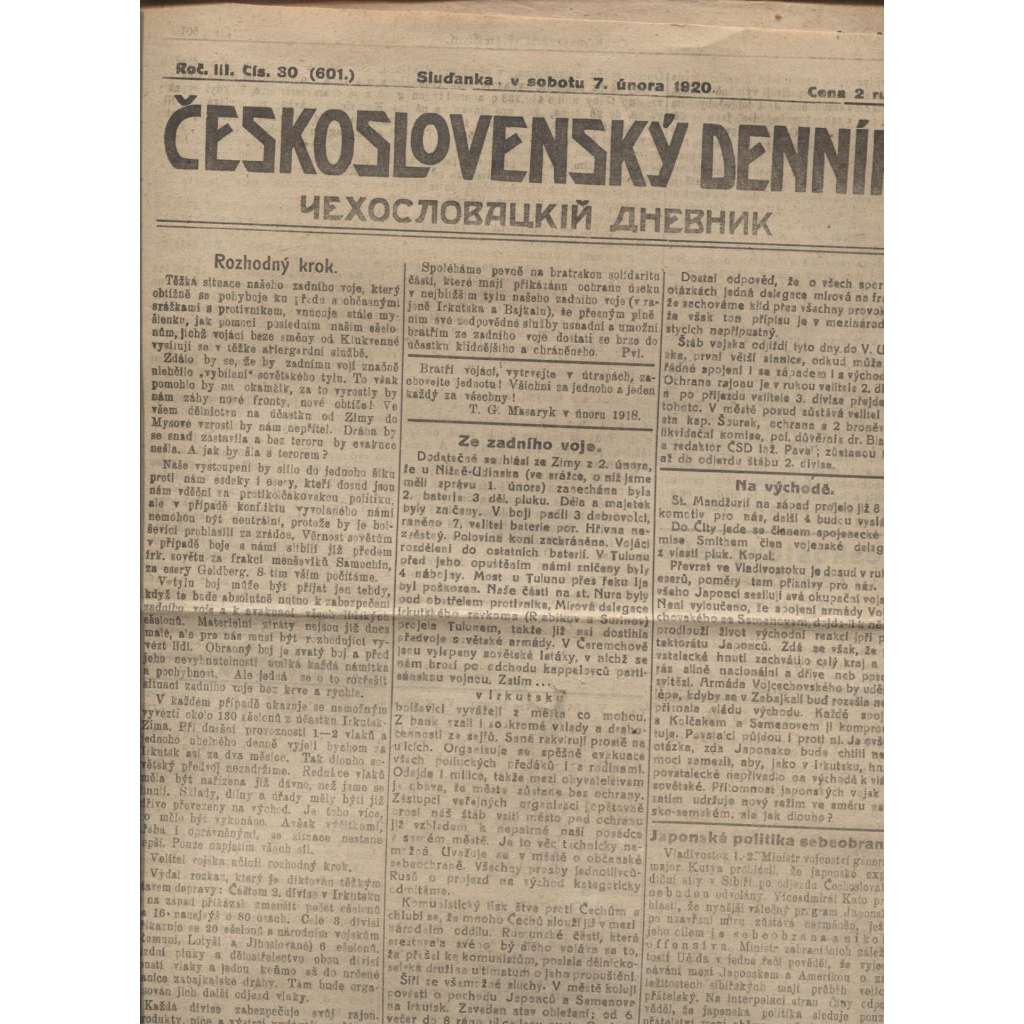 Československý denník roč. III, č. 30. Sluďanka, 1920 (LEGIE, RUSKO, LEGIONÁŘI)