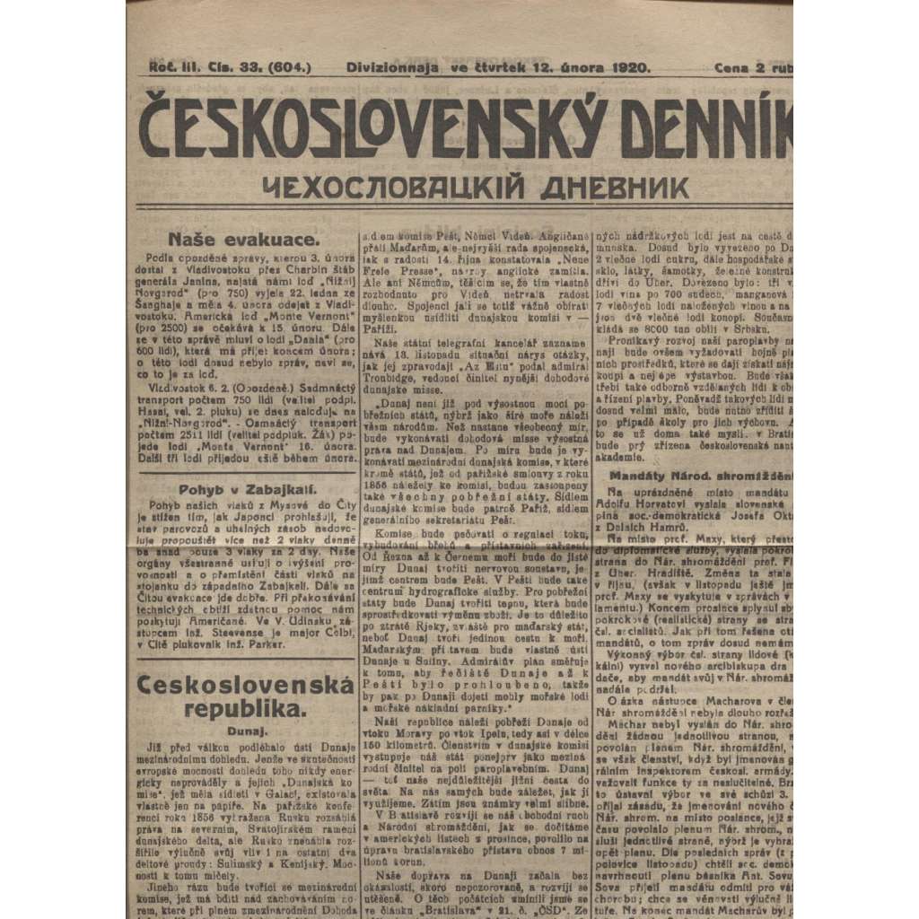 Československý denník roč. III, č. 33. Divizionnaja, 1920 (LEGIE, RUSKO, LEGIONÁŘI)
