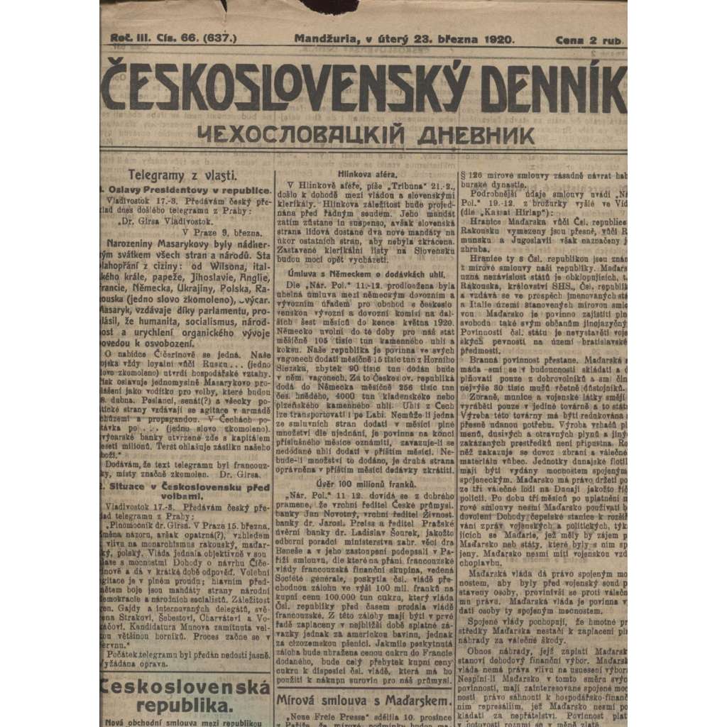 Československý denník roč. III, č. 66. Mandžuria, 1920 (LEGIE, RUSKO, LEGIONÁŘI)