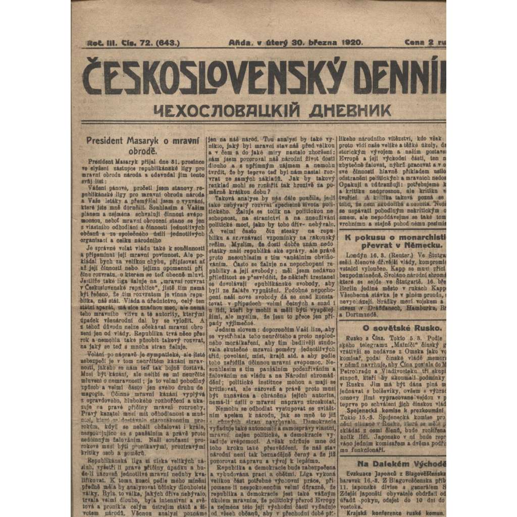 Československý denník roč. III, č. 72. Aňda, 1920 (LEGIE, RUSKO, LEGIONÁŘI)