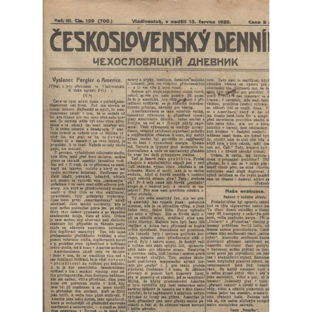 Československý denník roč. III, č. 129. Vladivostok, 1920 (LEGIE, RUSKO, LEGIONÁŘI)