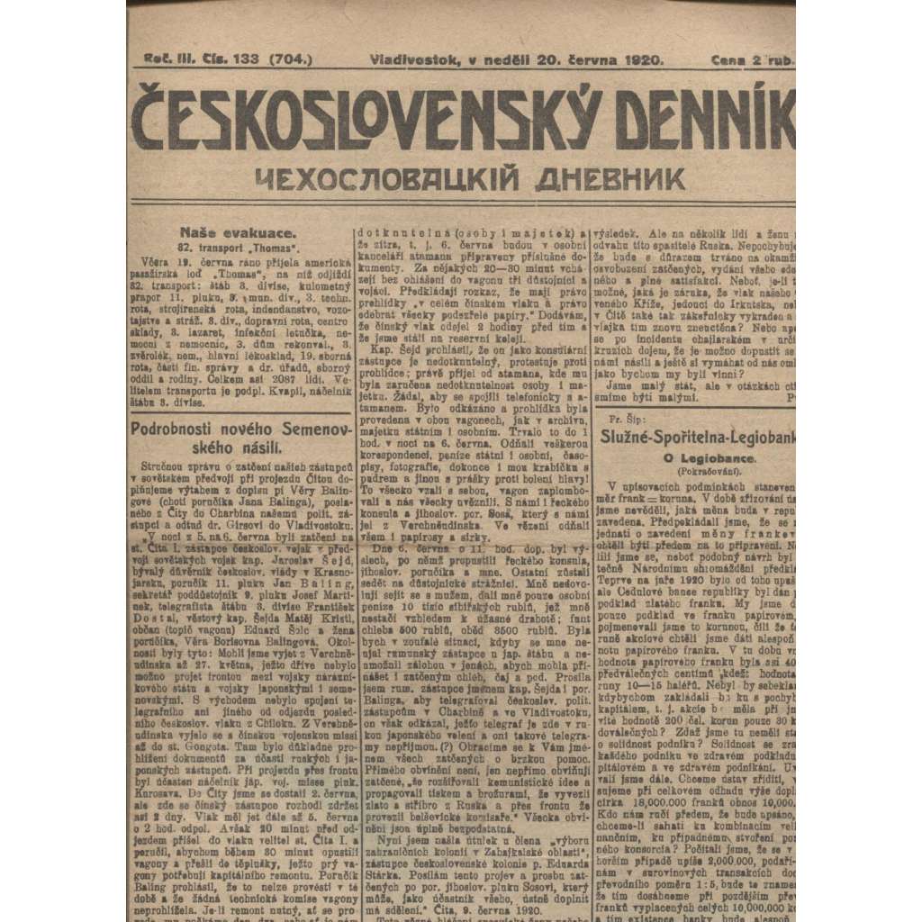 Československý denník roč. III, č. 133. Vladivostok, 1920 (LEGIE, RUSKO, LEGIONÁŘI)