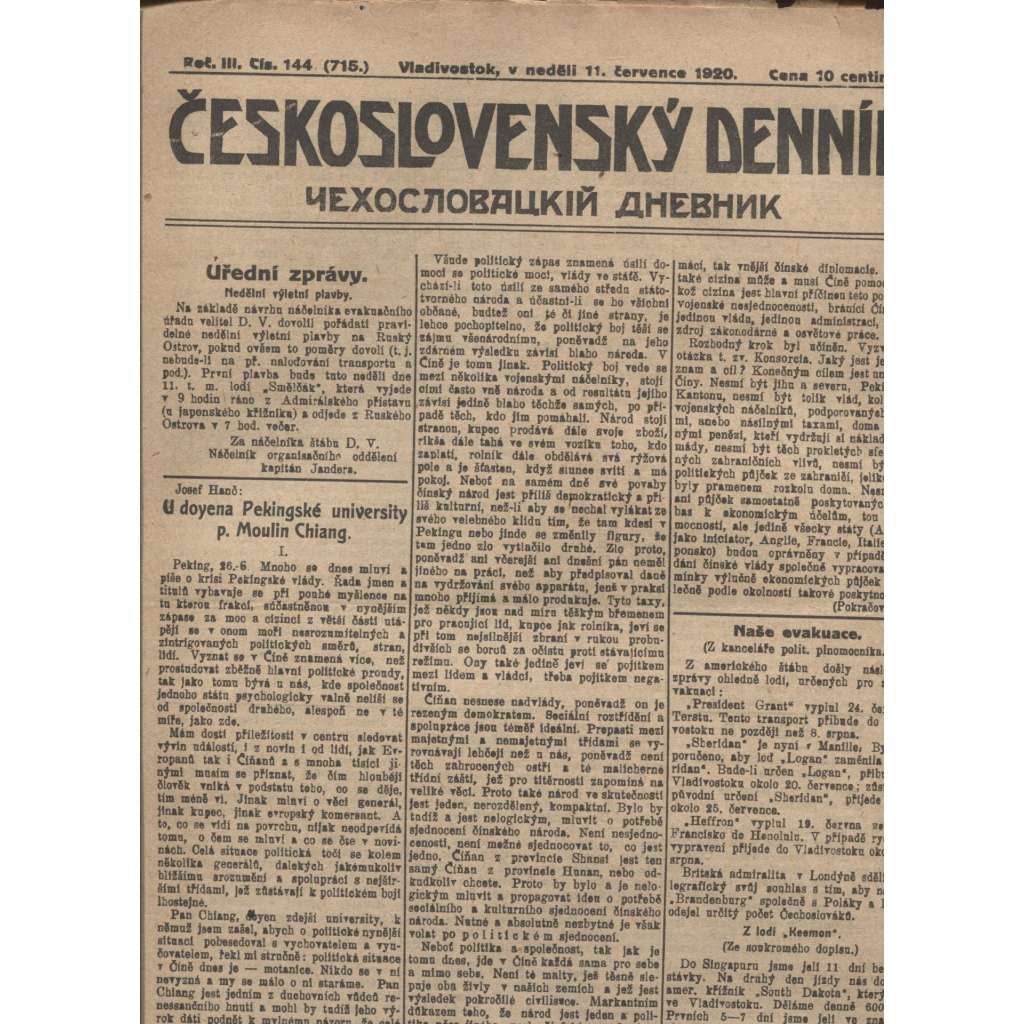 Československý denník roč. III, č. 144. Vladivostok, 1920 (LEGIE, RUSKO, LEGIONÁŘI)