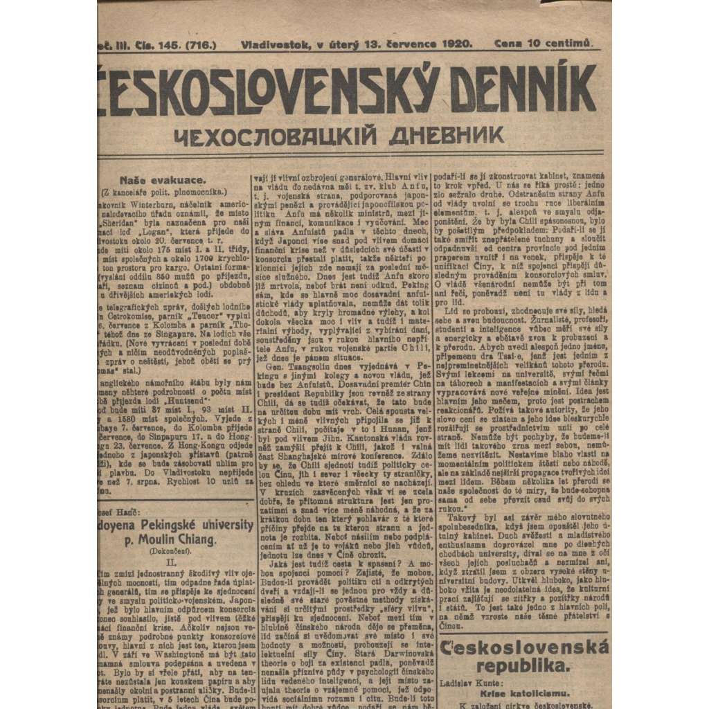 Československý denník roč. III, č. 145. Vladivostok, 1920 (LEGIE, RUSKO, LEGIONÁŘI)
