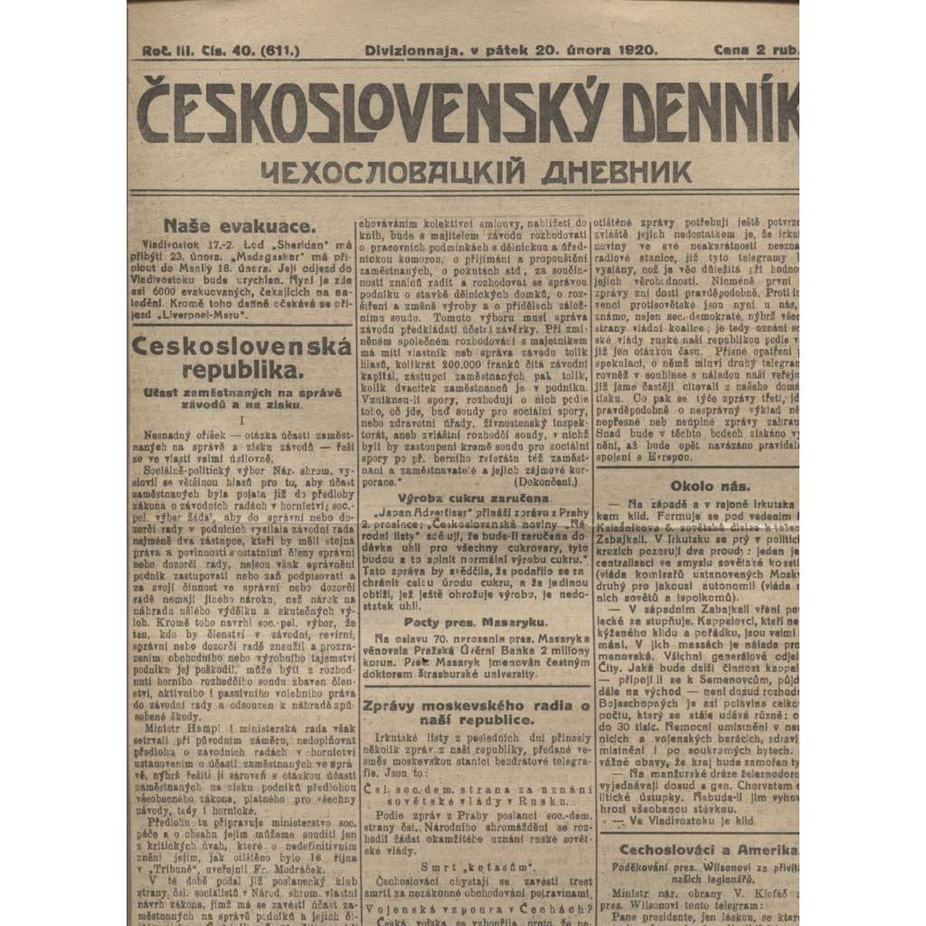 Československý denník roč. III, č. 40. Divizionnaja, 1920 (LEGIE, RUSKO, LEGIONÁŘI)