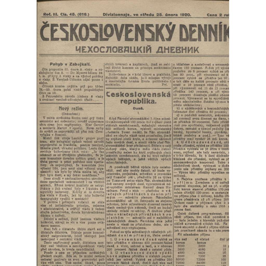 Československý denník roč. III, č. 45. Divizionnaja, 1920 (LEGIE, RUSKO, LEGIONÁŘI)