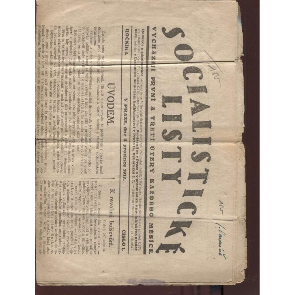 Socialistické listy, ročník I., číslo 1/1917 (Rakousko-Uhersko)