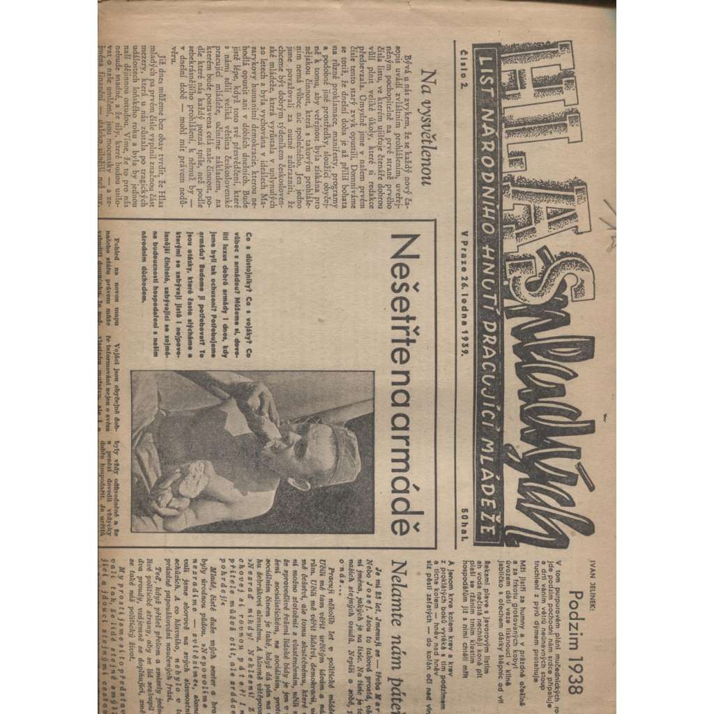 Hlas mladých, číslo 2/1939. List národního hnutí pracující mládeže (noviny 1. republika)
