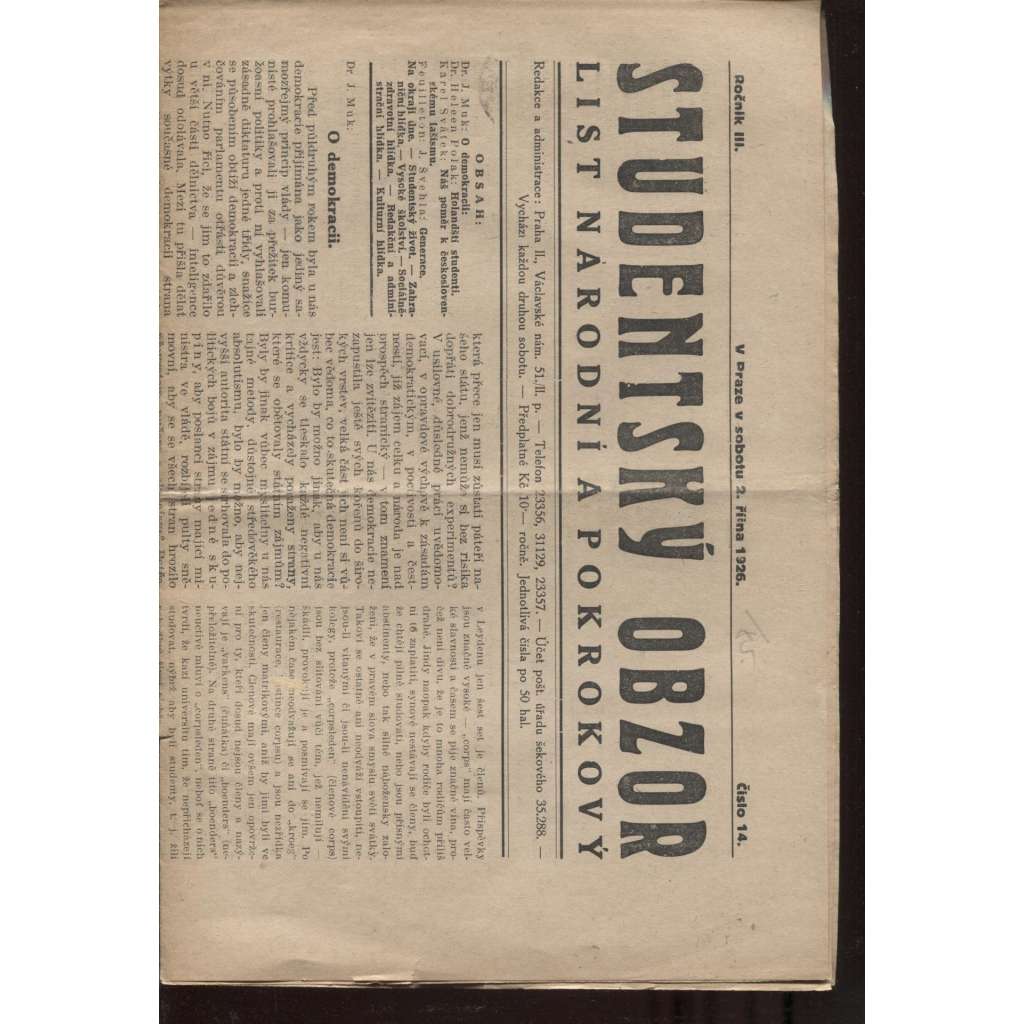 Studentský obzor, ročník III., číslo 14./1926 (noviny 1. republika)