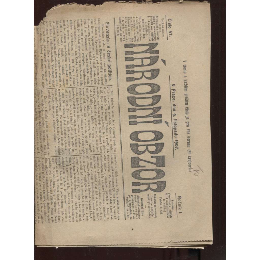 Národní obzor, ročník I., číslo 47/1907 (Rakousko-Uhersko) poškozeno