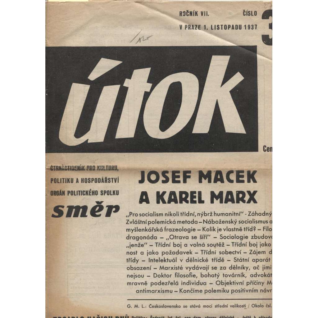 Útok, ročník VII., číslo 3/1937 (noviny 1. republika)