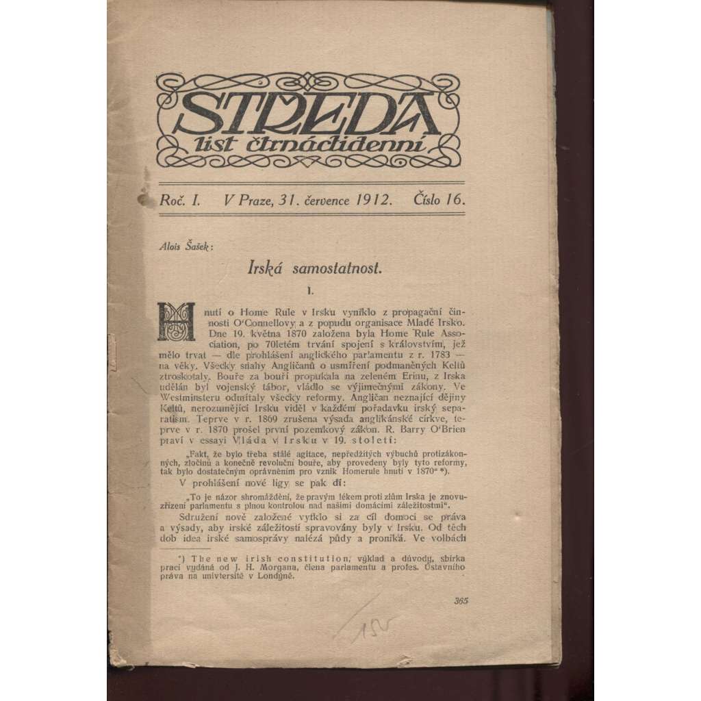 Středa, ročník I., číslo 16/1912 (list čtrnáctidenní)