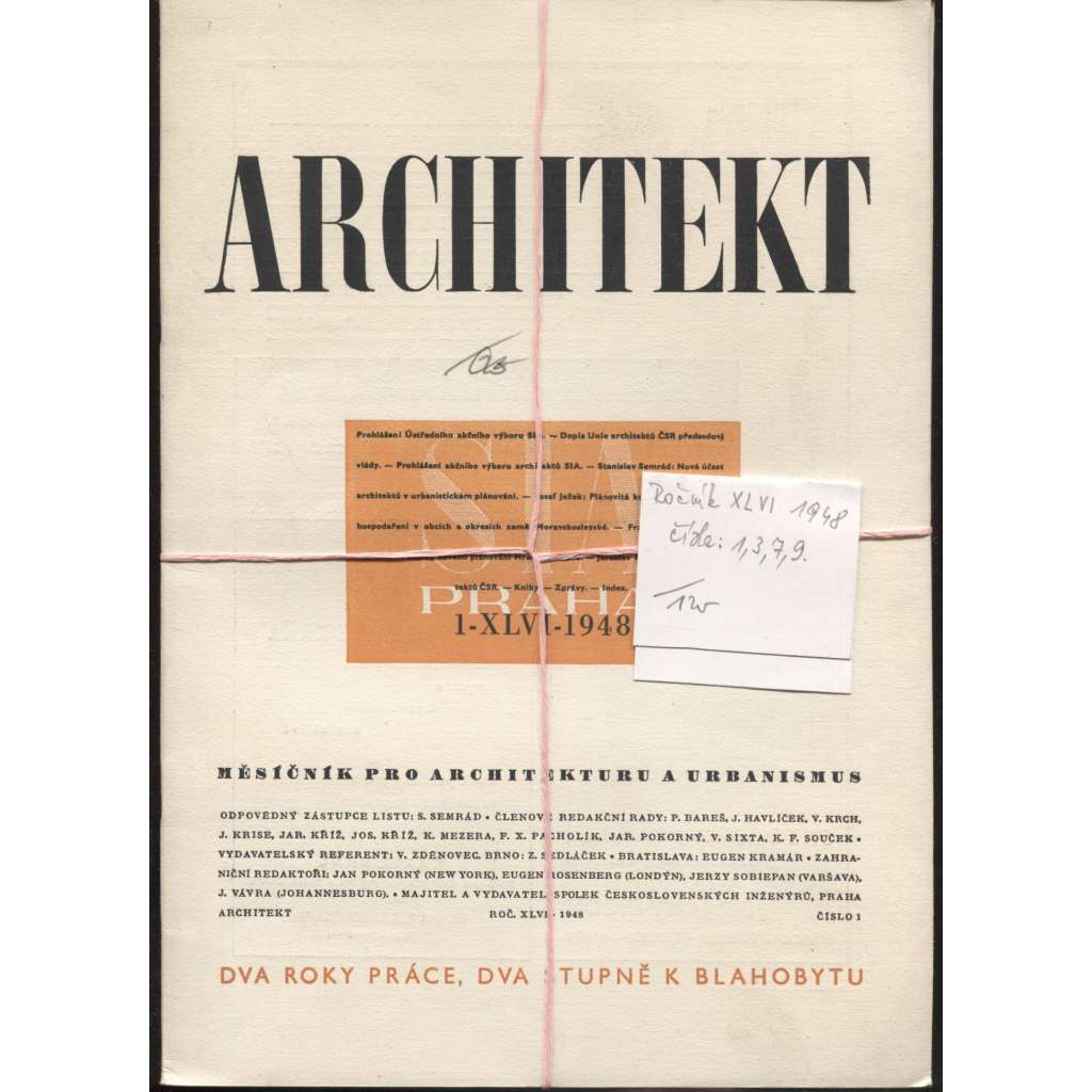 ARCHITEKT. Měsíčník pro architekturu a urbanismus, ročník XLVI./1948, čísla 1, 3, 7 a 9 (časopis, moderní architektura)