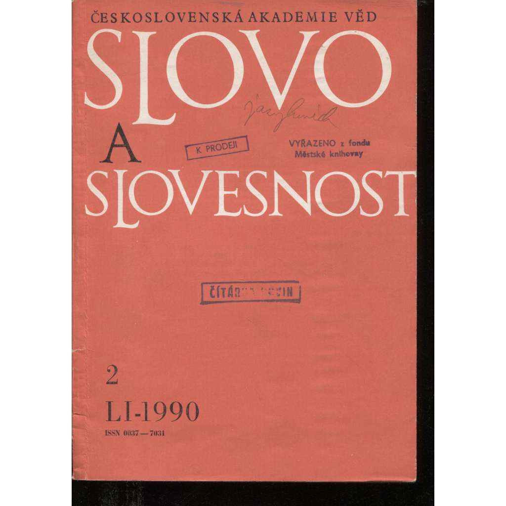 Slovo a slovesnost, ročník LI./1990, číslo 2. (jazykověda, časopis)