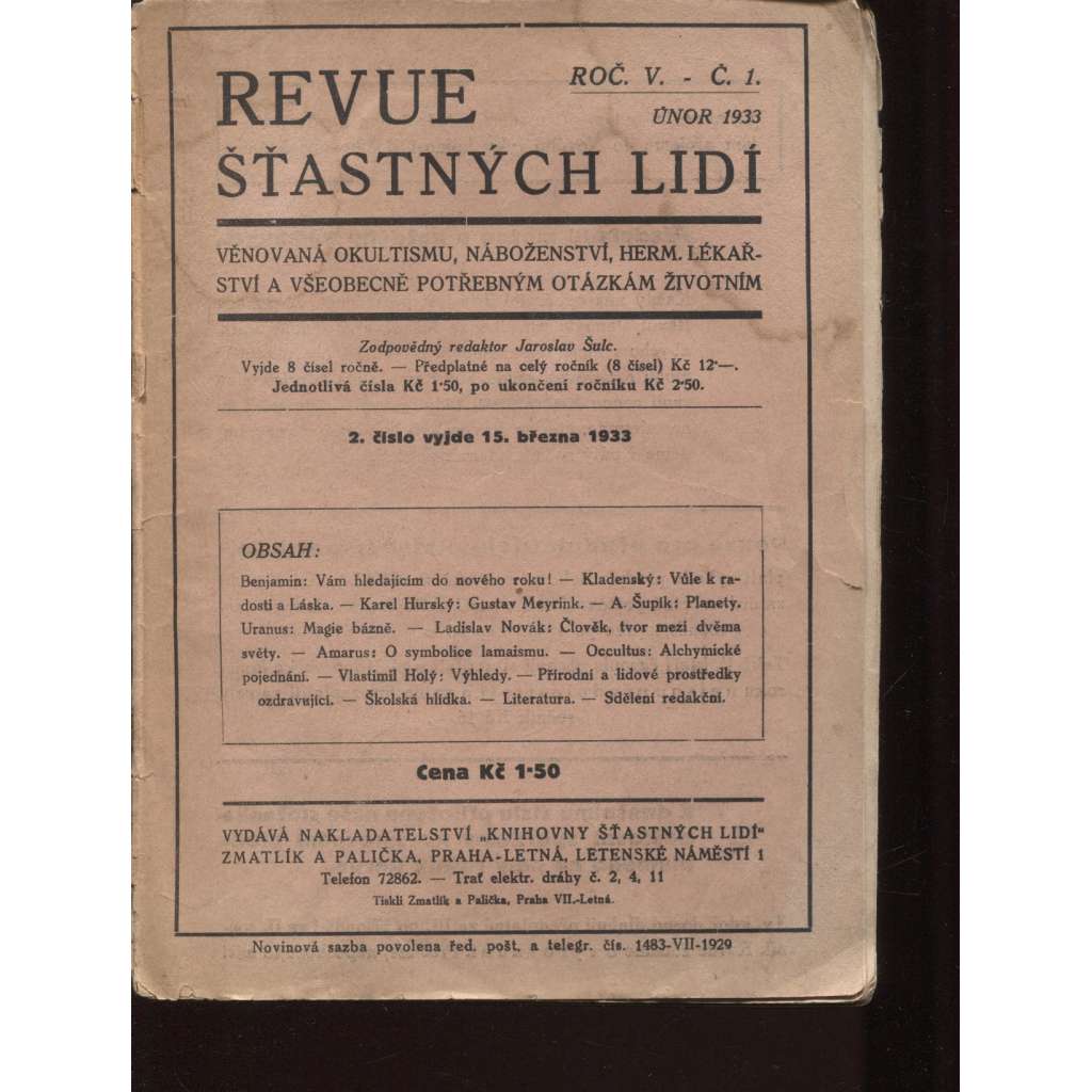 Revue šťastných lidí, ročník V., čísla 1.-8./1933 (okultismus, náboženství, hermetismus, lékařství)