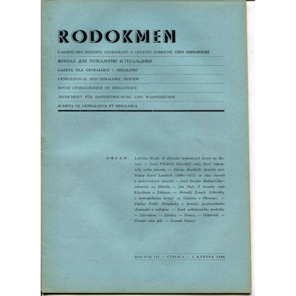 Rodokmen, ročník III., číslo 1.-4./1948-49. Časopis pro rodopis, znakosloví a ostatní pomocné vědy historické