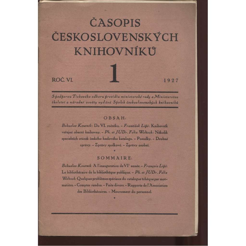 Časopis československých knihovníků, ročník VI./1927, číslo 1.-10. (komplet)