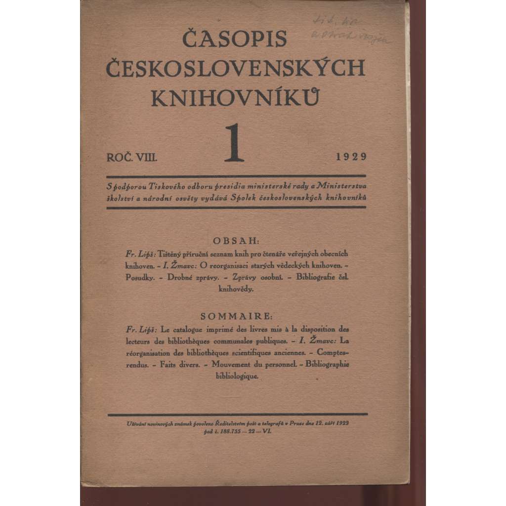 Časopis československých knihovníků, ročník VIII./1929, číslo 1.-3.