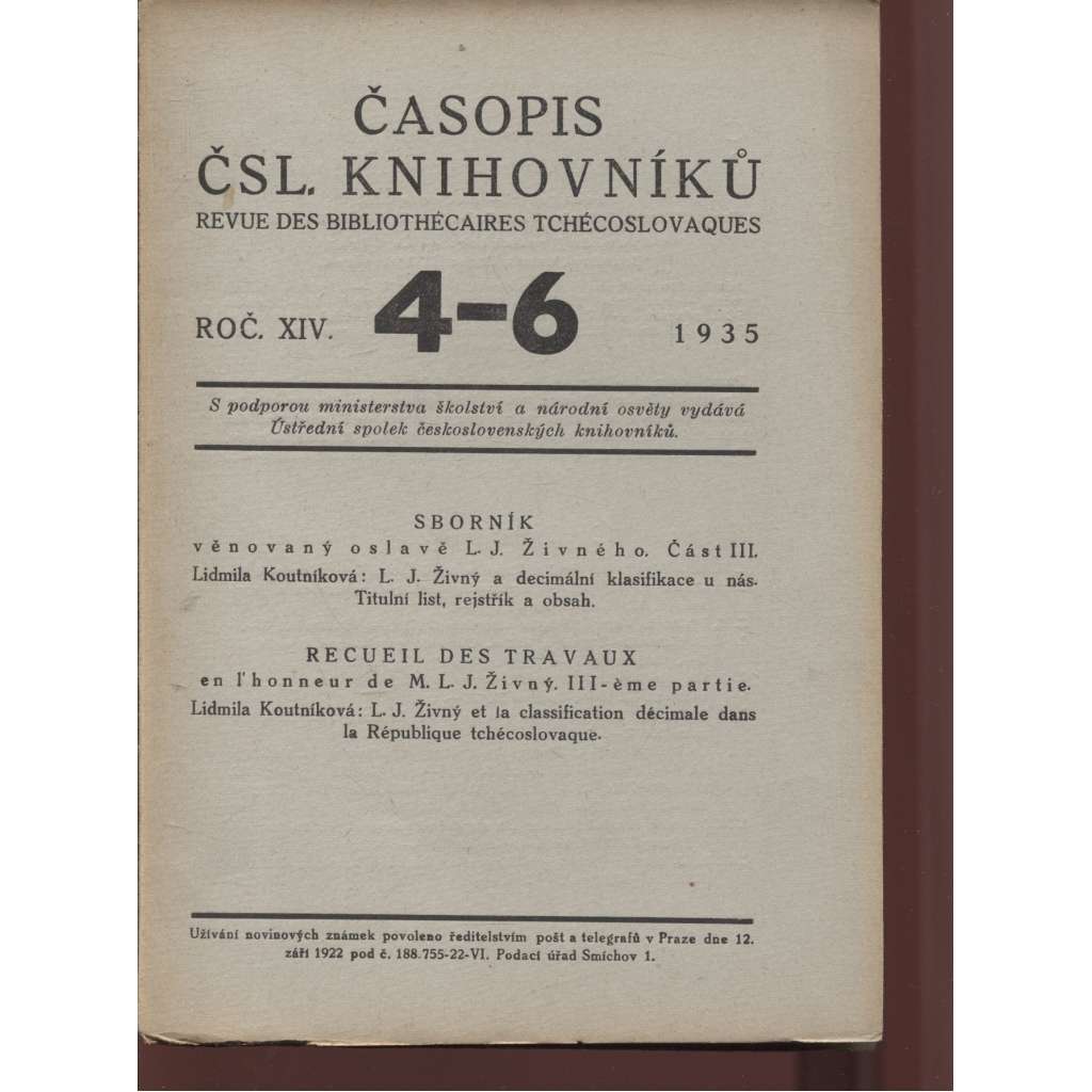 Časopis československých knihovníků, ročník XIV./1935, číslo 4.-6.